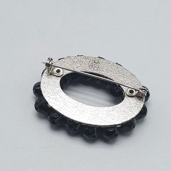 Handmade Black Glass Bead Wreath Brooch Pin Silver Tone - Picture 3 of 4